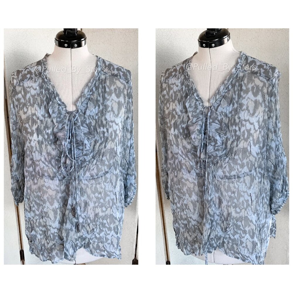 CHAN LUU Blue & Gray Sheer Viscose Blouse with Beaded Embellishments | Size M - Picture 2 of 14